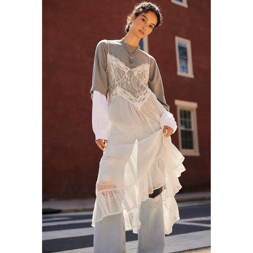 Free People Intimately Light My Fire Sheer Lace Swiss Dot Slip Dress Ivory M